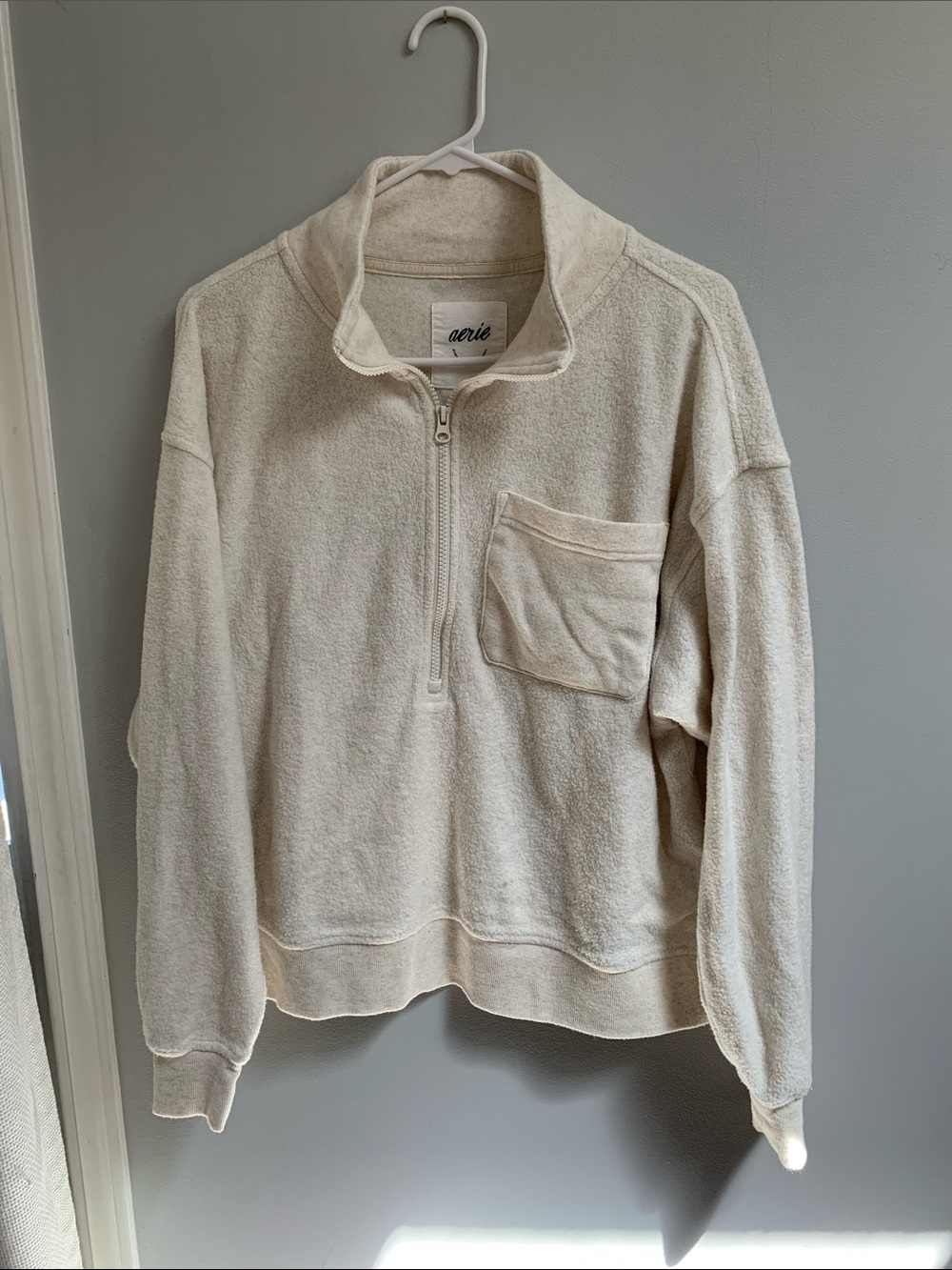 aerie Oversized Cream Half-Zip Sweater with Chest Pocket